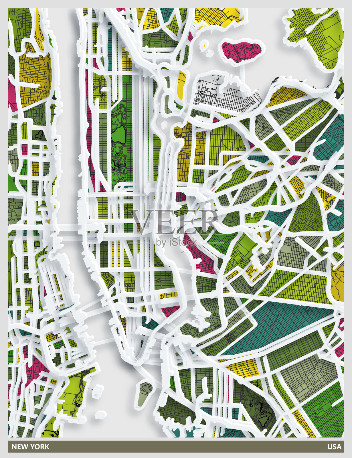 纸张效果风格艺术插图地图，纽约城市，美国插画图片素材