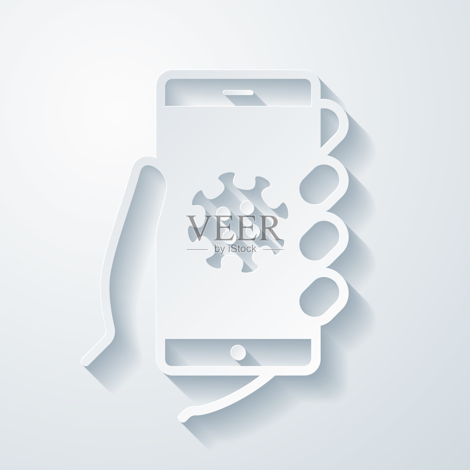 新冠肺炎智能手机应用程序-冠状病毒应用程序。在空白背景上具有剪纸效果的图标插画图片素材