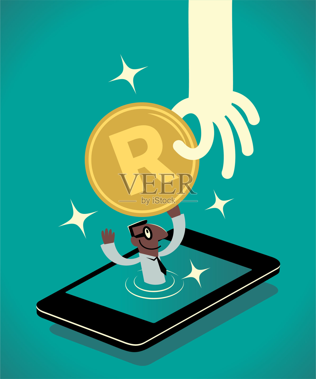 这位大手正在把南非兰特币送给一个出现在智能手机屏幕上的小商人插画图片素材