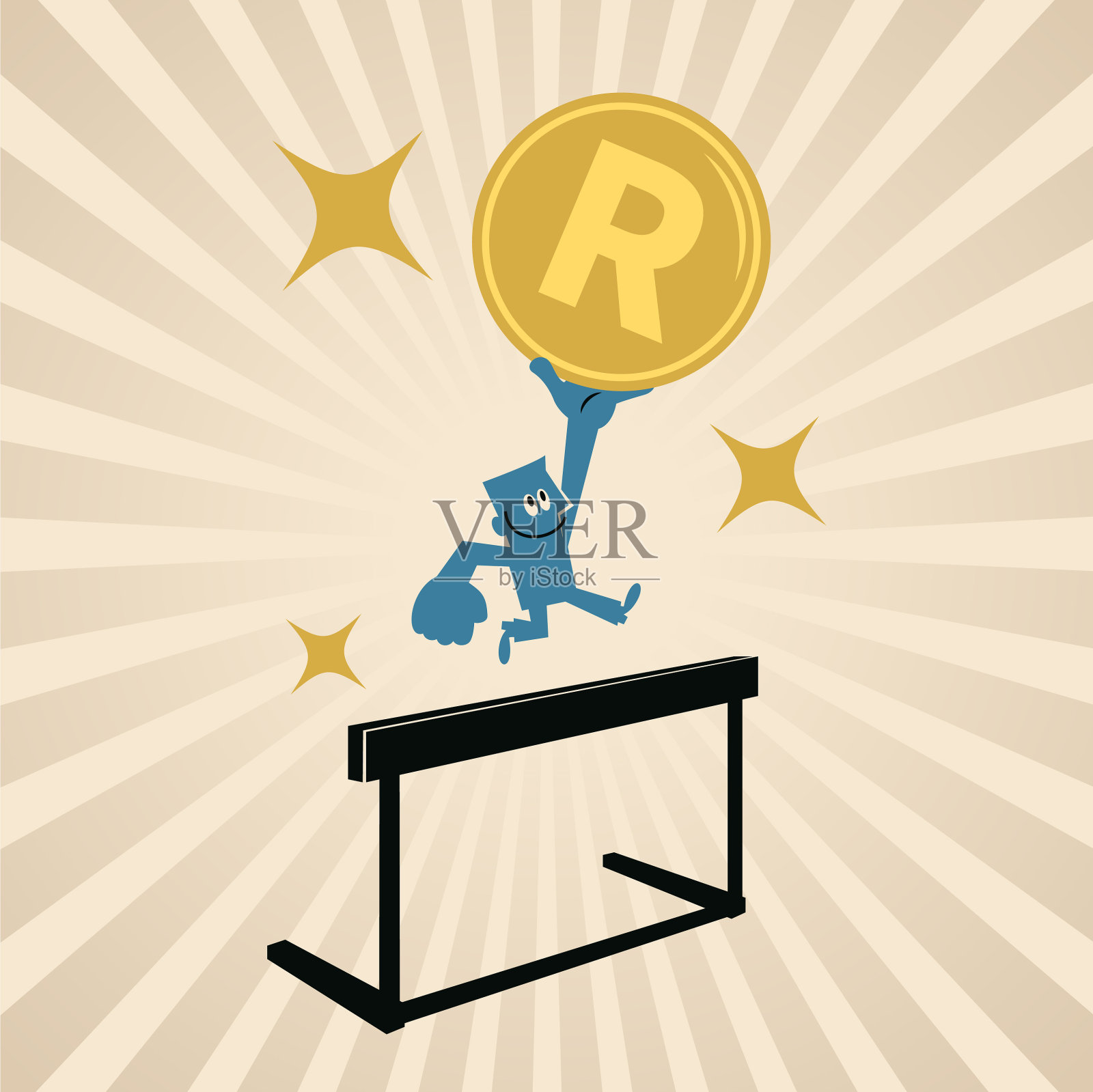 一位微笑的商人（运动员）手持南非兰特货币，跨越障碍（战胜逆境）插画图片素材