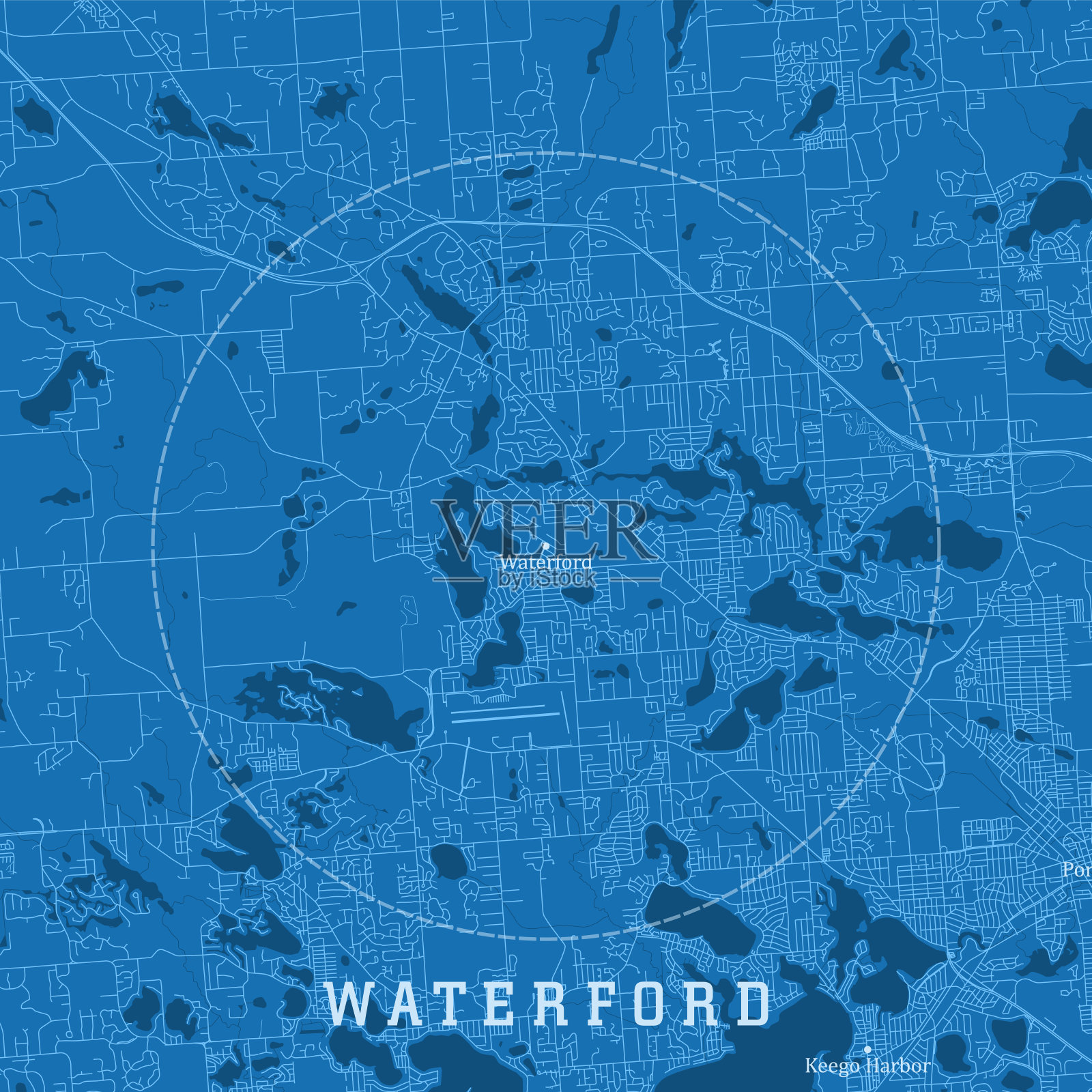 沃特福德MI城市矢量地图蓝色文本插画图片素材