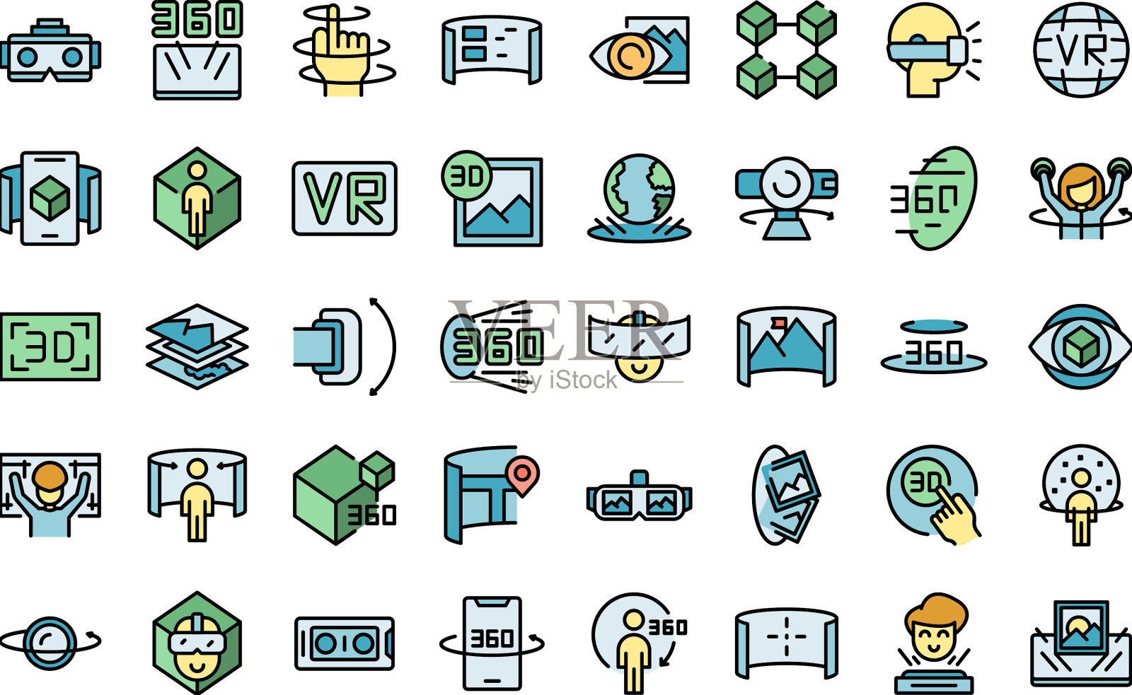 虚拟旅行图标设置平坦图标素材