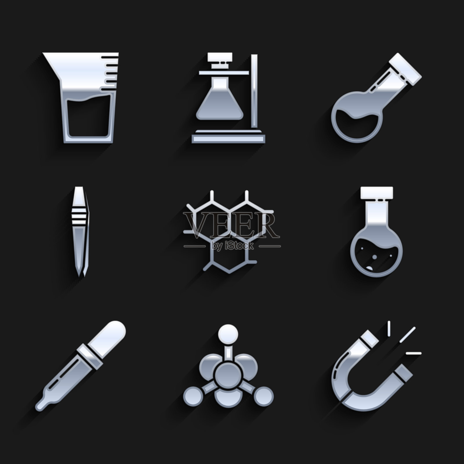 设置化学配方细菌磁铁试管图标素材