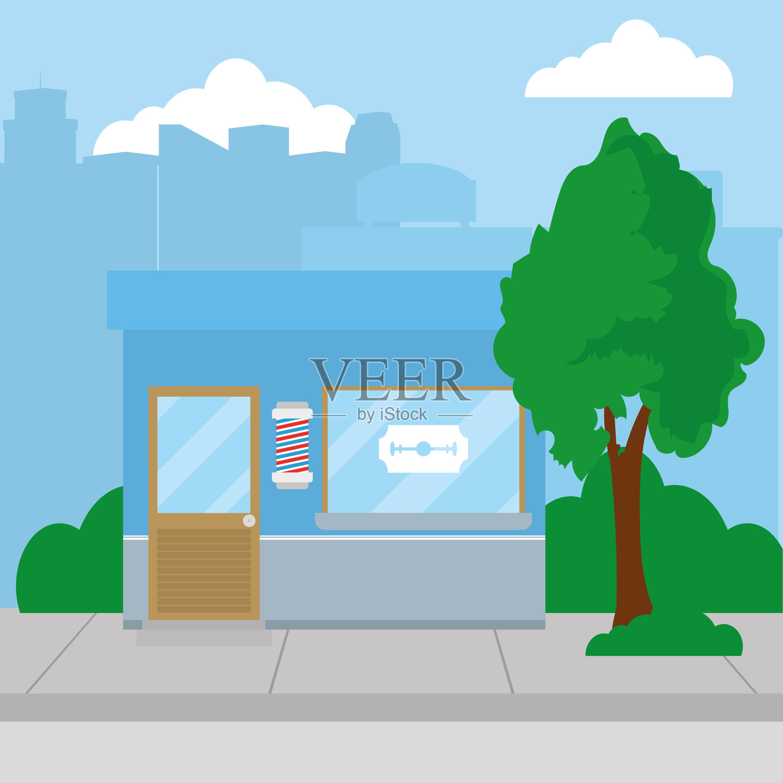 蓝色的理发店有树插画图片素材