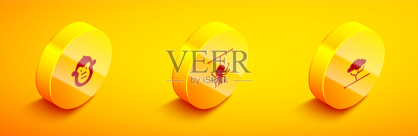 设置等距猴蜘蛛和非洲树图标图标素材