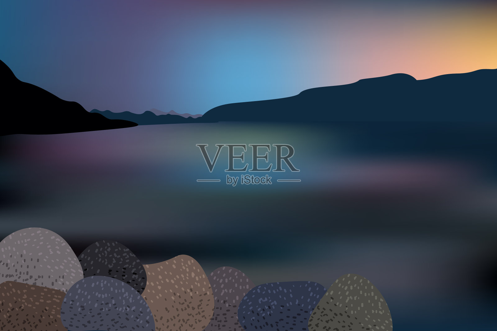 美丽的日落在湖上与山和插画图片素材