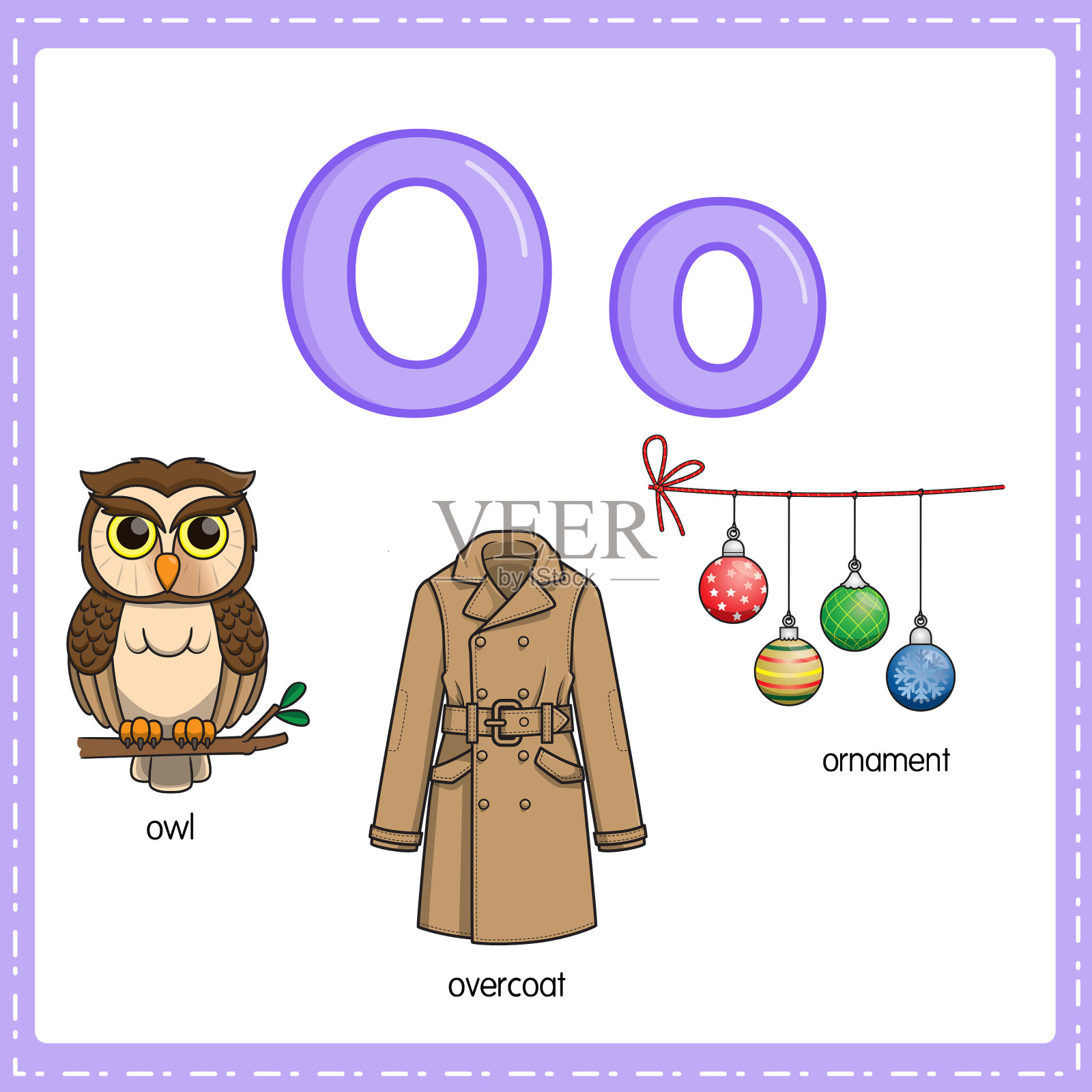 向量插图学习字母O的小写和大写的儿童与3卡通图像。猫头鹰大衣点缀。插画图片素材