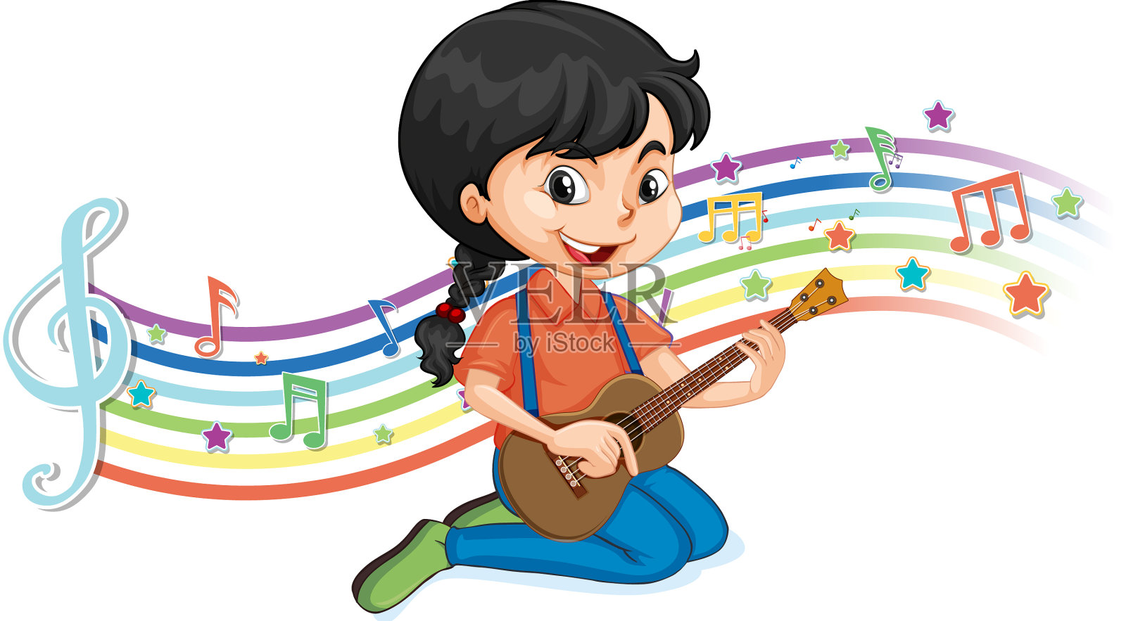 女孩弹吉他与旋律符号设计元素图片