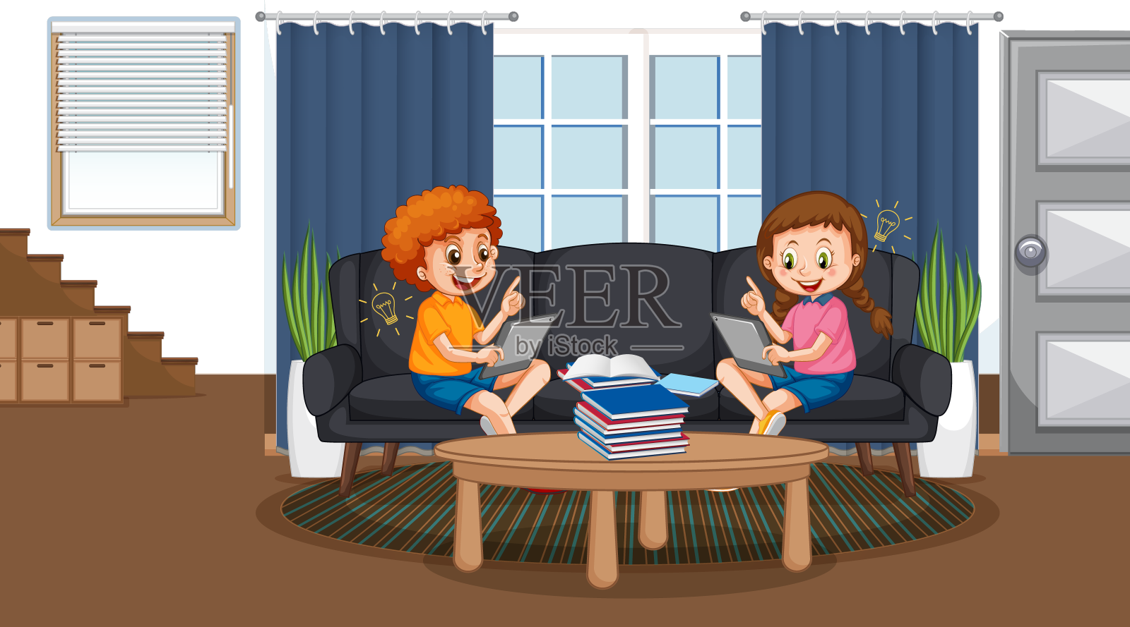 孩子们通过电子设备在家学习设计元素图片