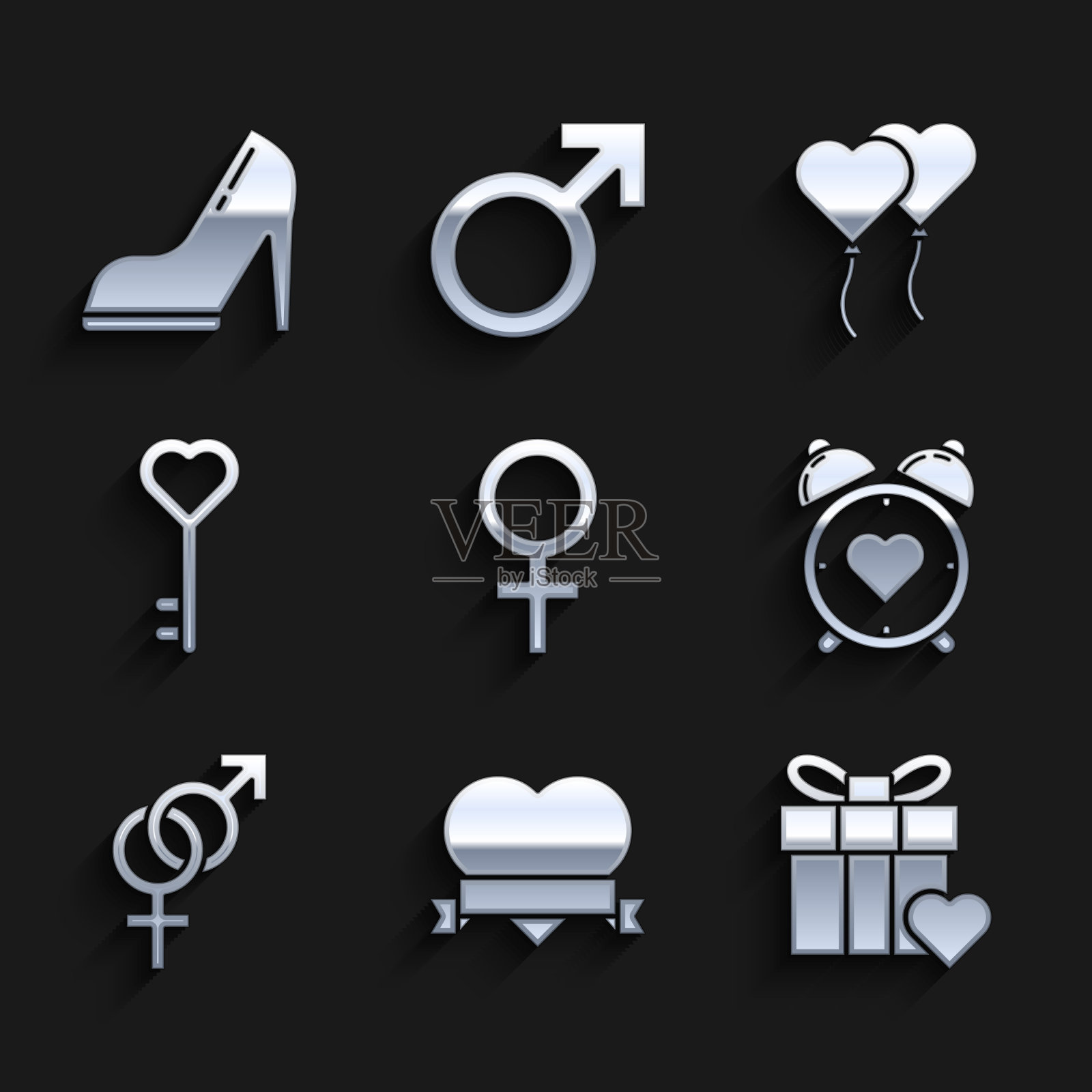 设置女性性别象征的心和丝带礼物图标素材