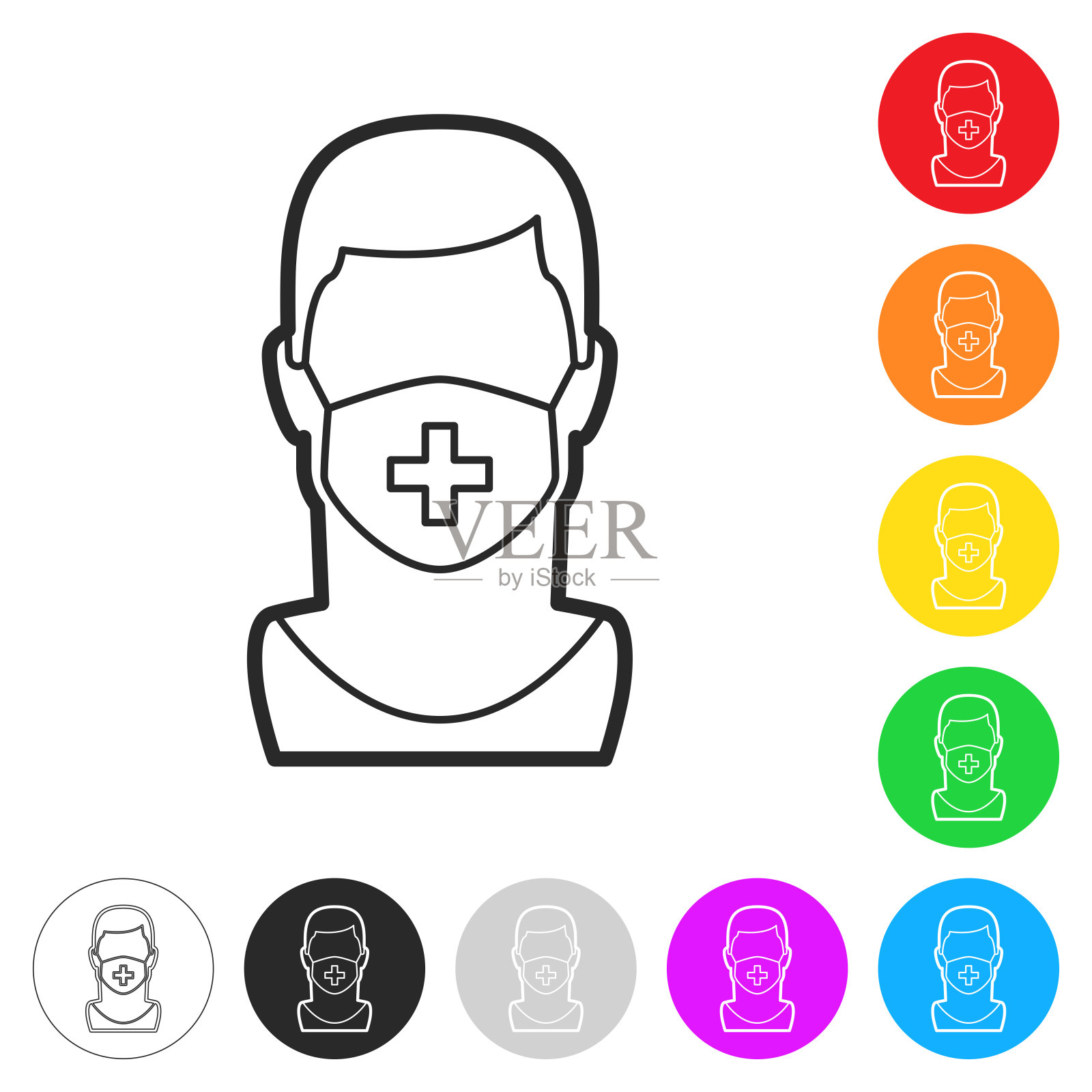 戴着医用面罩的男子按钮上不同颜色的平面图标插画图片素材
