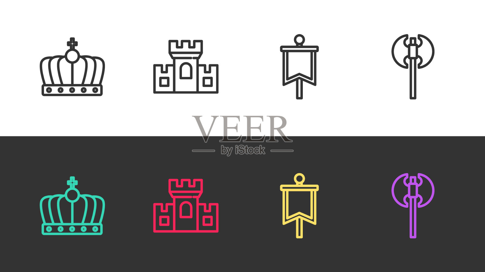 设置线国王王冠城堡堡垒中世纪图标素材