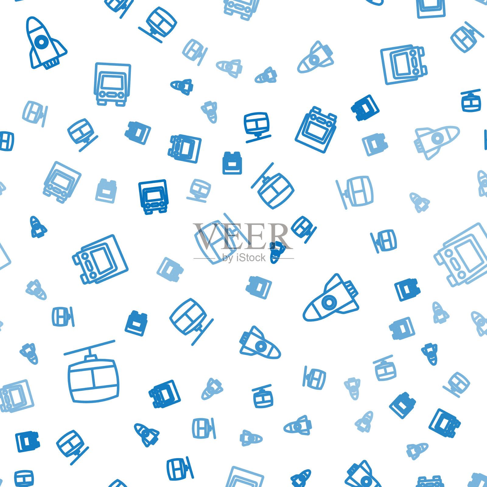 架设缆绳车、火箭船和运送货物图标素材