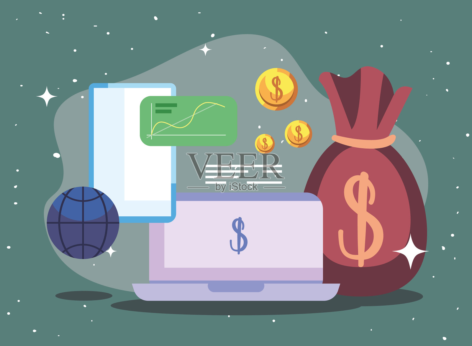 笔记本、智能手机和钱袋插画图片素材