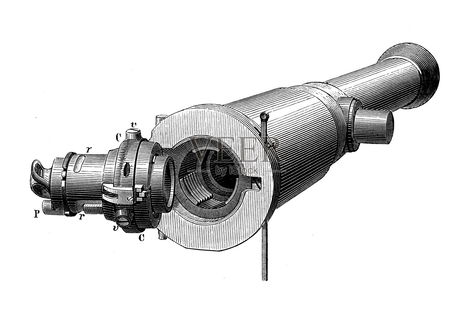 19世纪工业、技术和工艺的古董插图:大炮插画图片素材