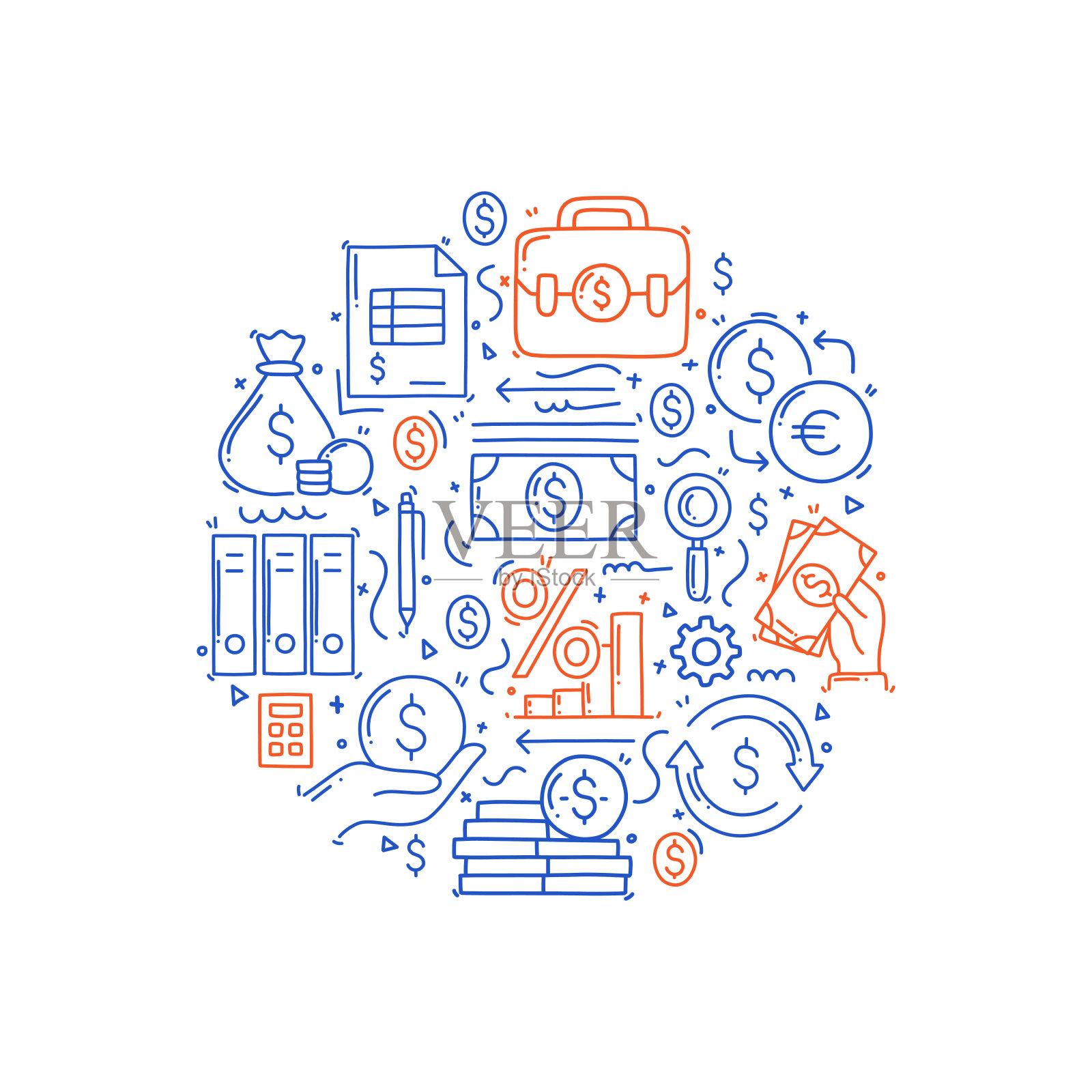 核算相关对象和元素。手绘矢量涂鸦插图集合。手绘图案设计插画图片素材