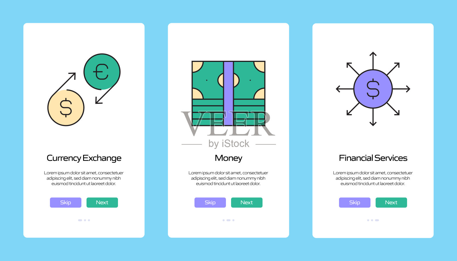 金钱概念入职手机应用程序页面屏幕与平面图标。UI设计模板矢量插图插画图片素材