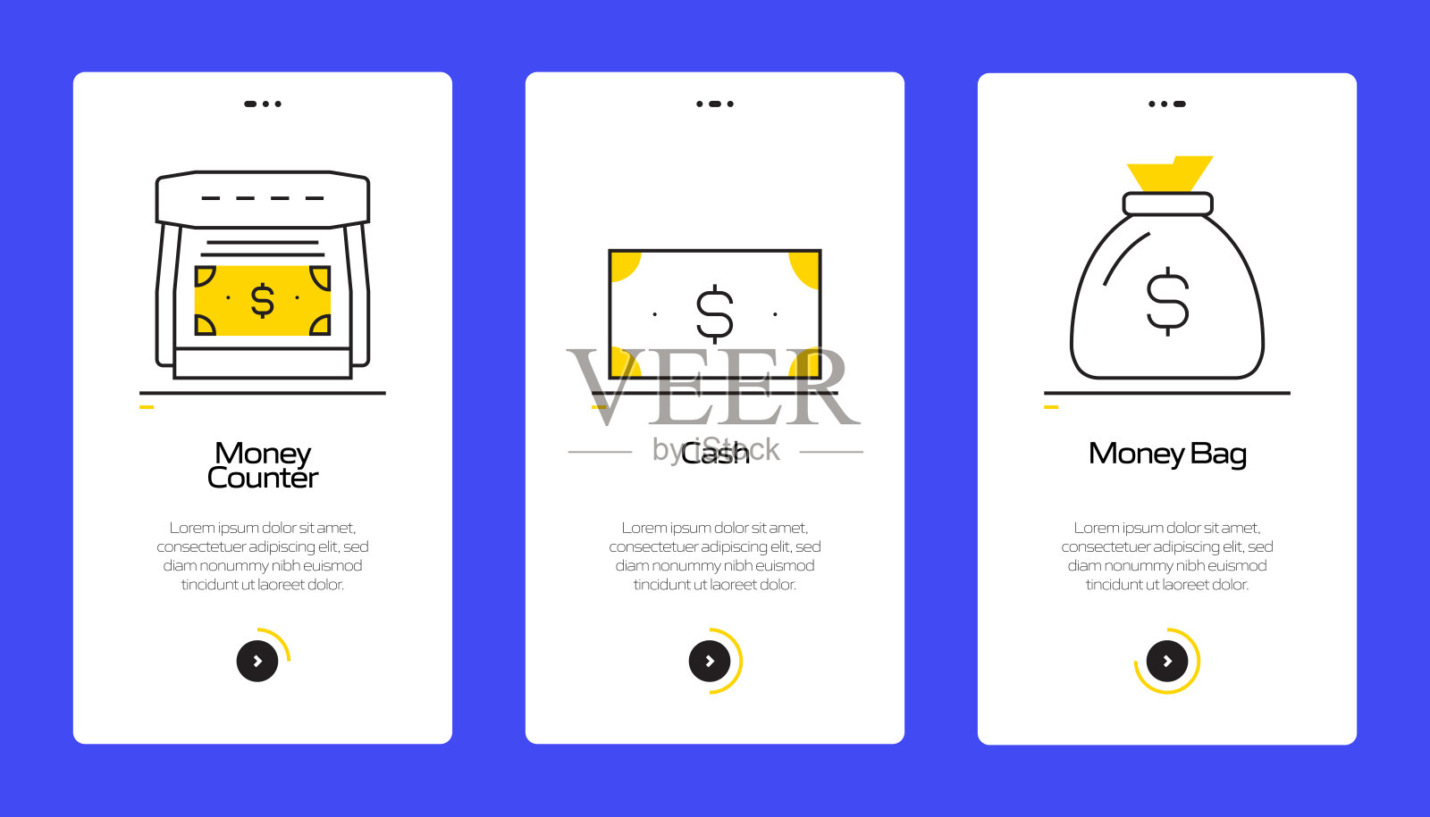 金钱概念入职手机应用程序页面屏幕与平面图标。UI设计模板矢量插图插画图片素材