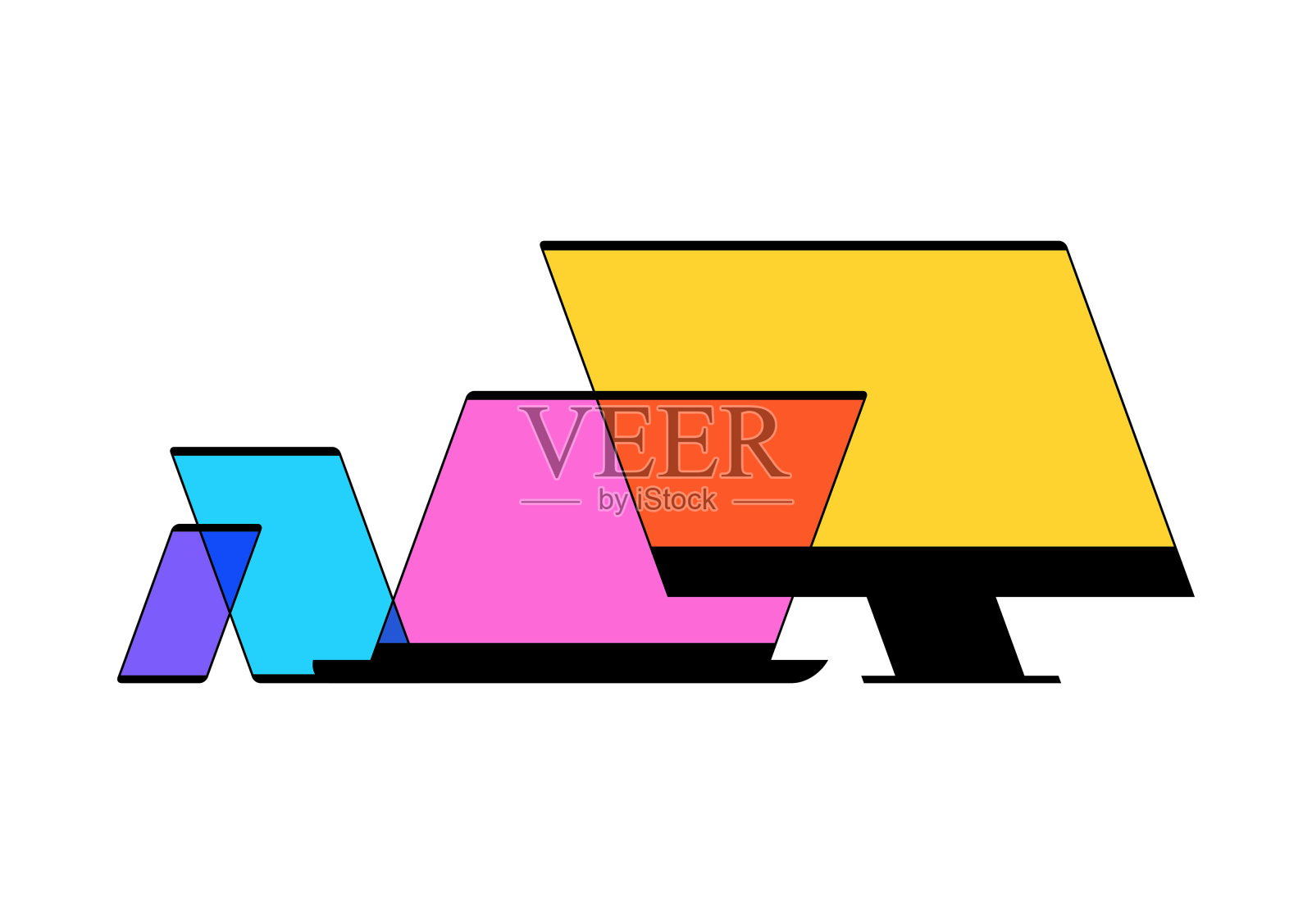 台式电脑和拿铁电脑，智能手机和平板电脑的设计插画图片素材