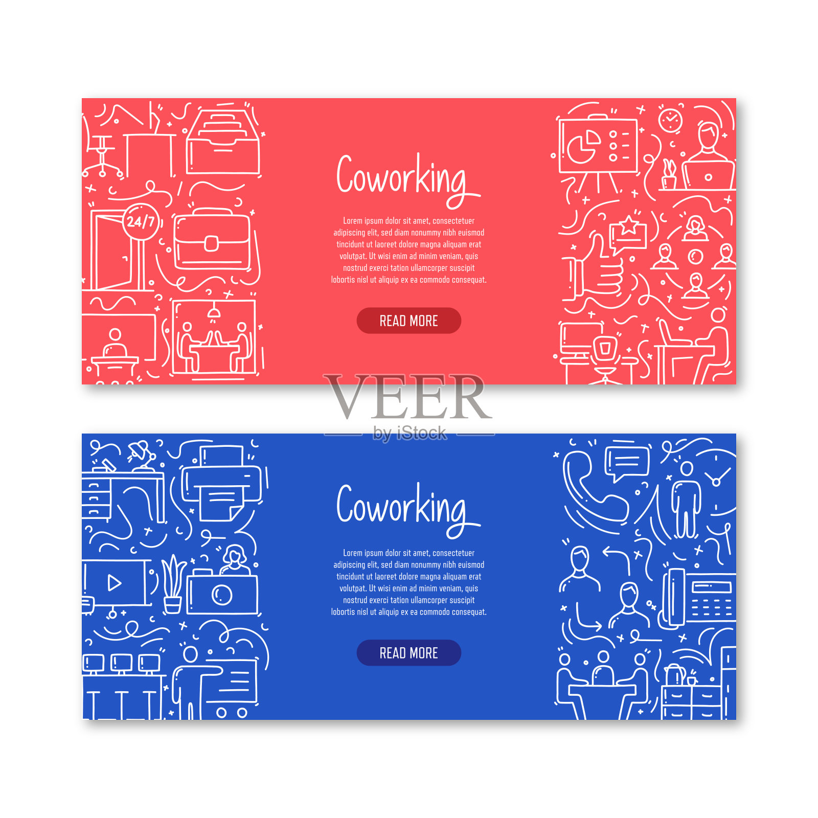 协同工作相关对象和元素。手绘矢量涂鸦插图集合。带有不同协同工作对象的横幅模板插画图片素材