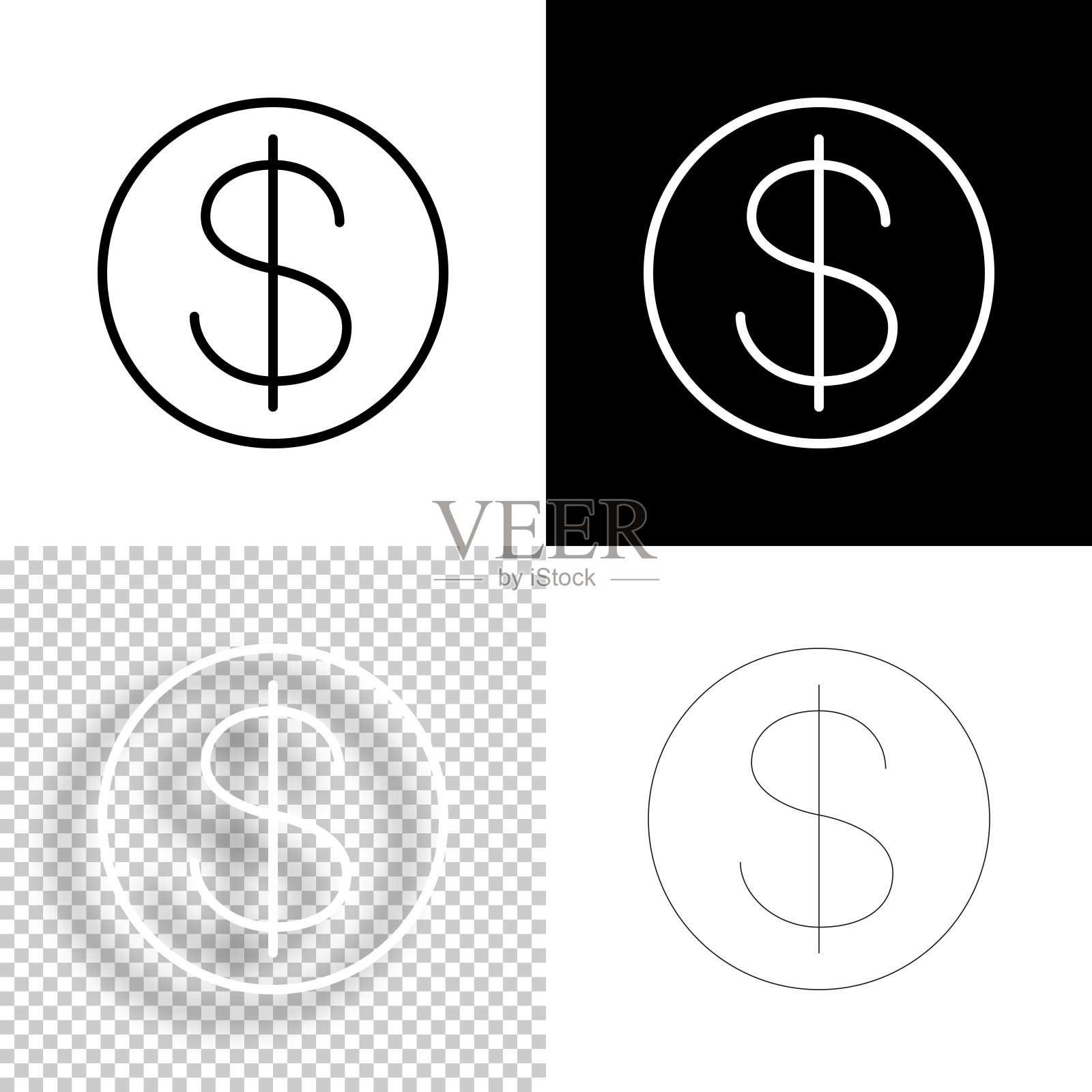美元硬币。图标设计。空白，白色和黑色背景-线图标插画图片素材
