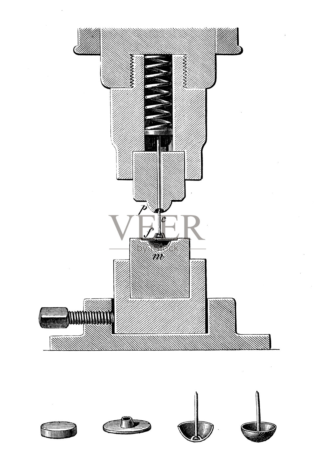 19世纪的古玩插画工业、技术和工艺:五金生产钉针插画图片素材