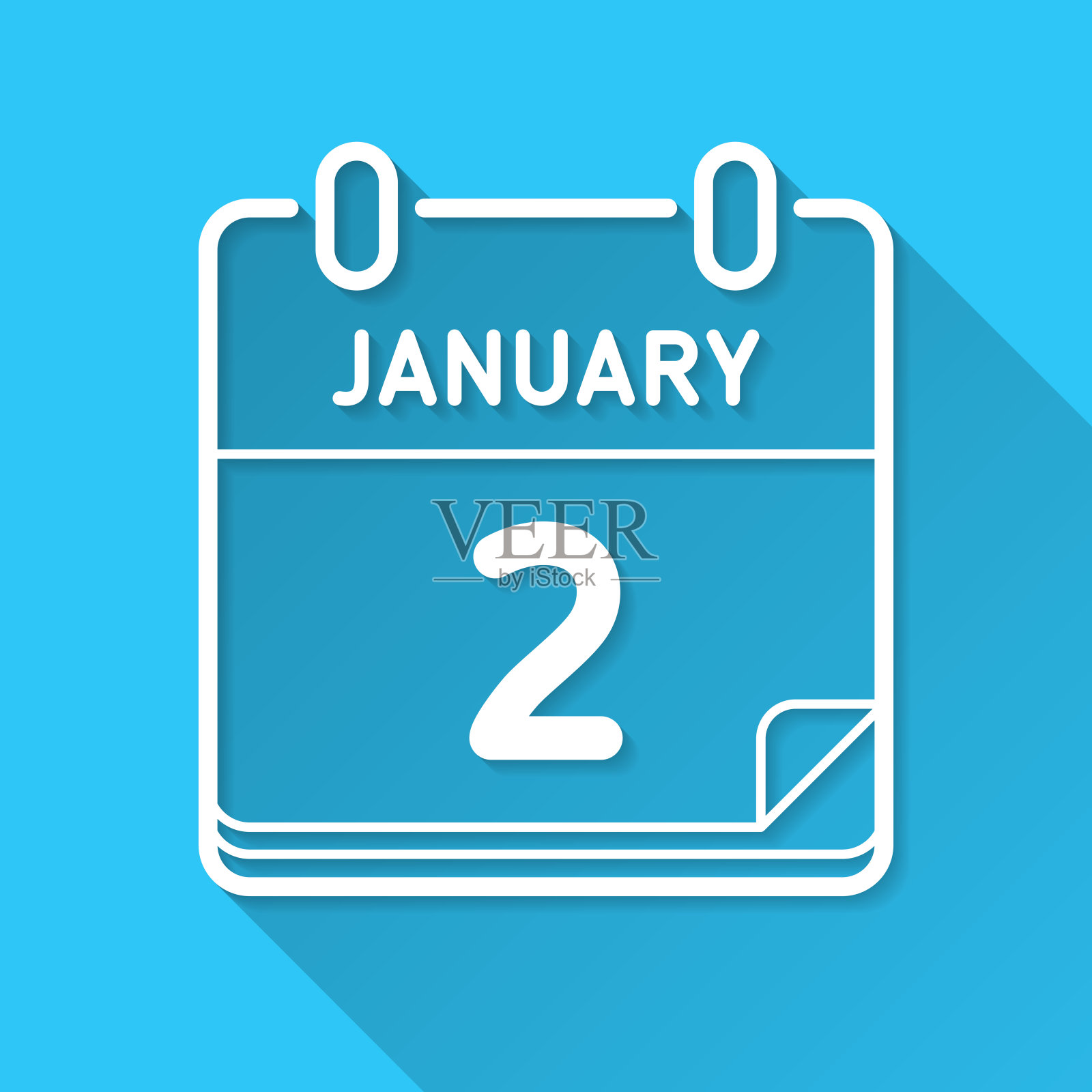 1月2日。图标在蓝色背景-平面设计与长阴影插画图片素材