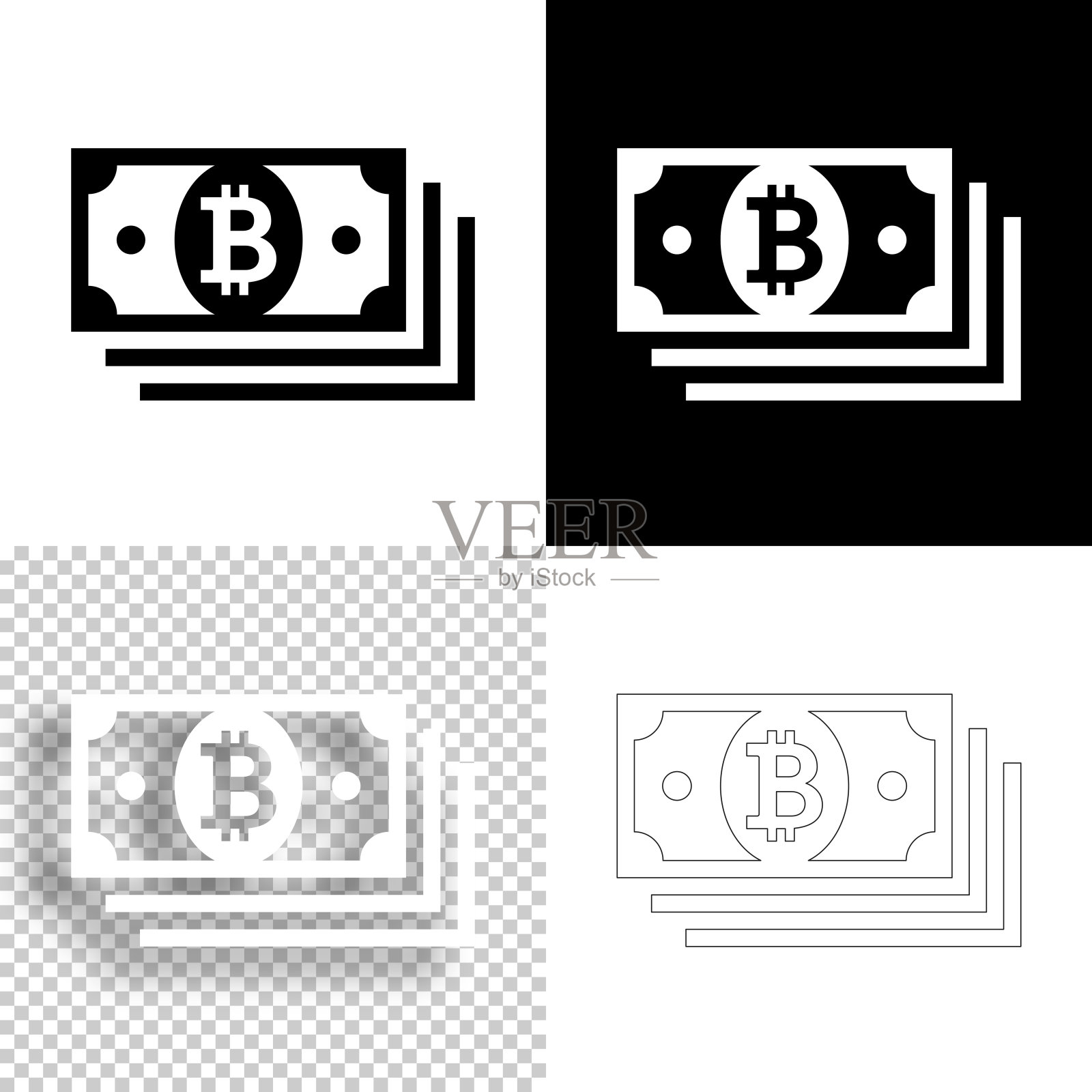 比特币纸币。图标设计。空白，白色和黑色背景-线图标插画图片素材