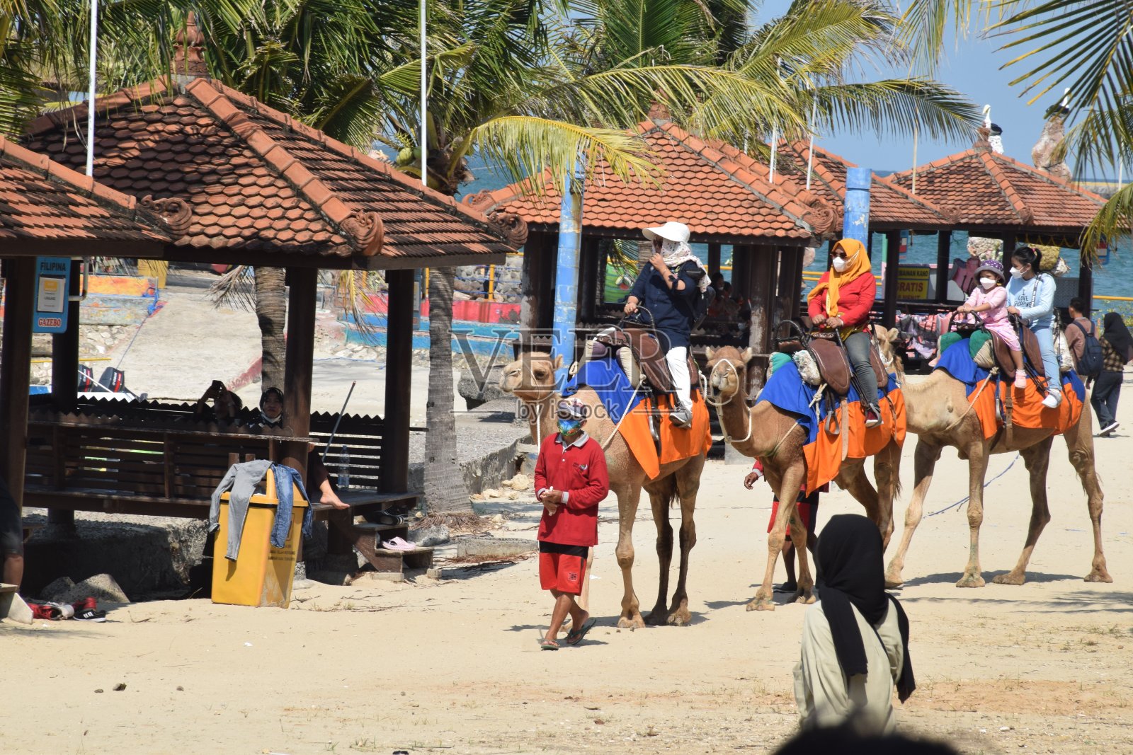 游客们在沙地上骑骆驼照片摄影图片