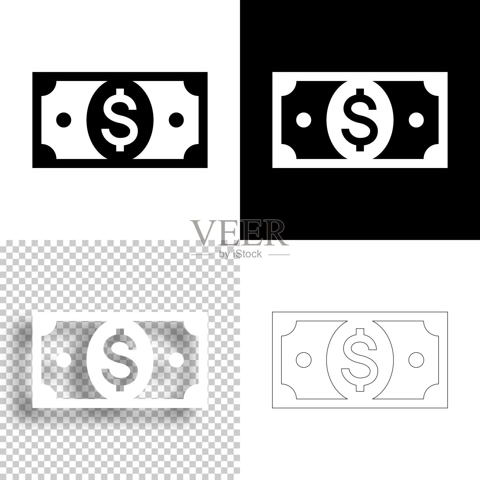 美元钞票。图标设计。空白，白色和黑色背景-线图标插画图片素材