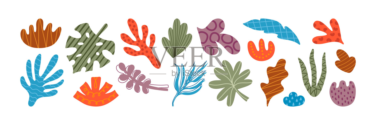 彩色向量有机涂鸦形状集。简单抽象自然写意纹理元素。植物自然对象。叶子，花，设计的分支图标，社交媒体，贴纸，网页插画图片素材