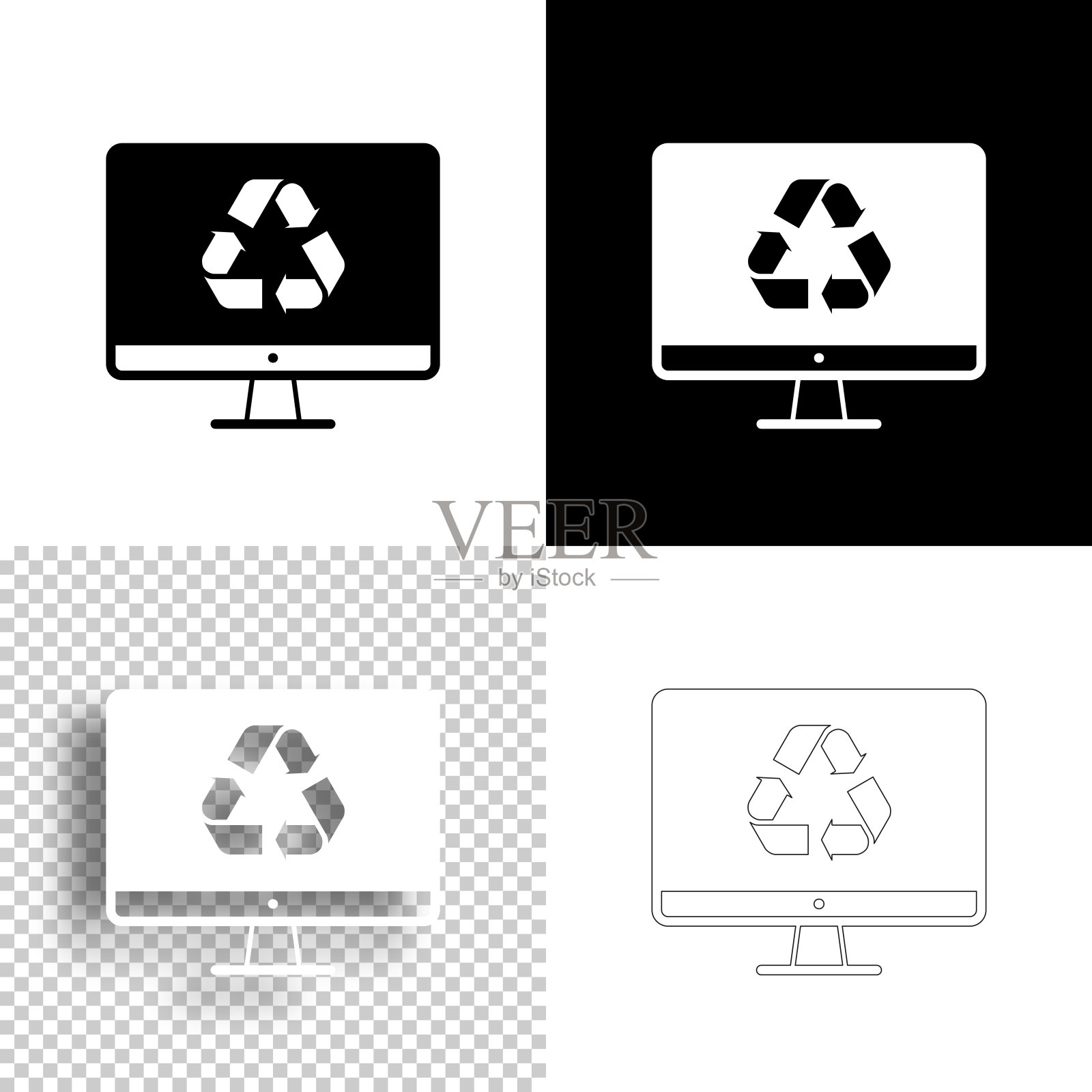 带有回收符号的台式电脑。图标设计。空白，白色和黑色背景-线图标图标素材