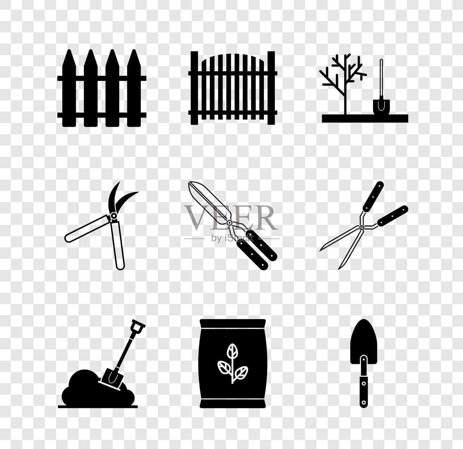 在地上设置花园围栏，种植树木图标素材