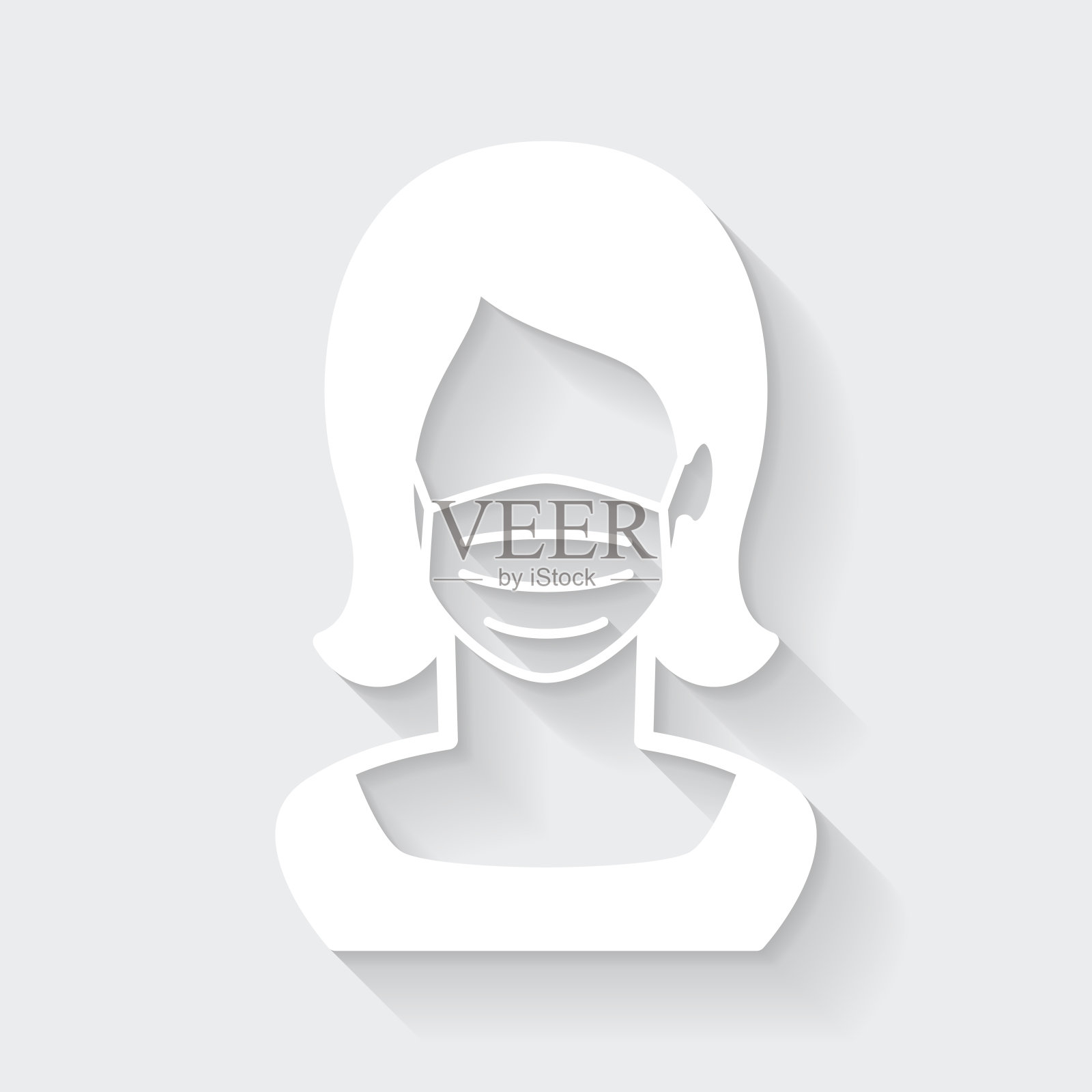 戴医用口罩的妇女。图标与空白背景上的长阴影-平面设计设计元素图片