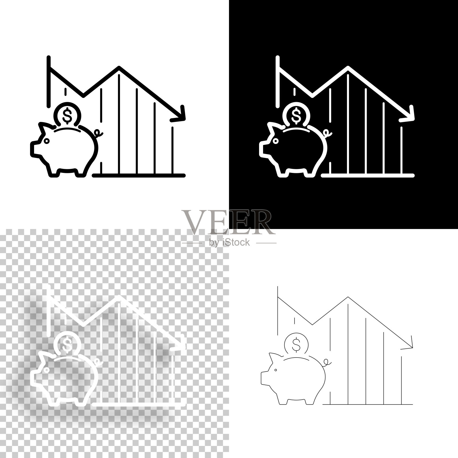 美元储蓄下降图表。图标设计。空白，白色和黑色背景-线图标图标素材