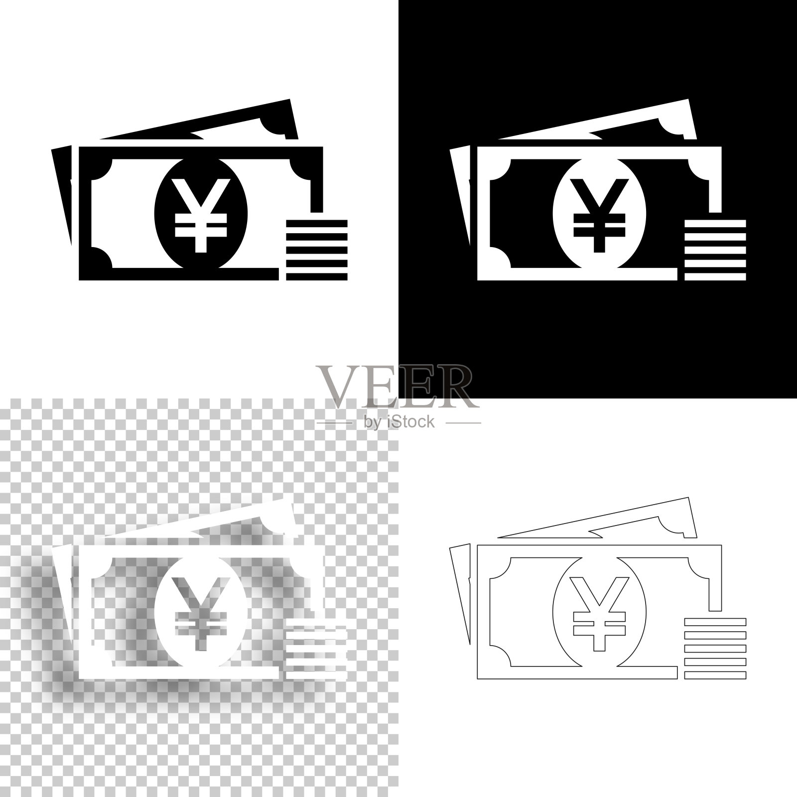 日元-现金。图标设计。空白，白色和黑色背景-线图标图标素材