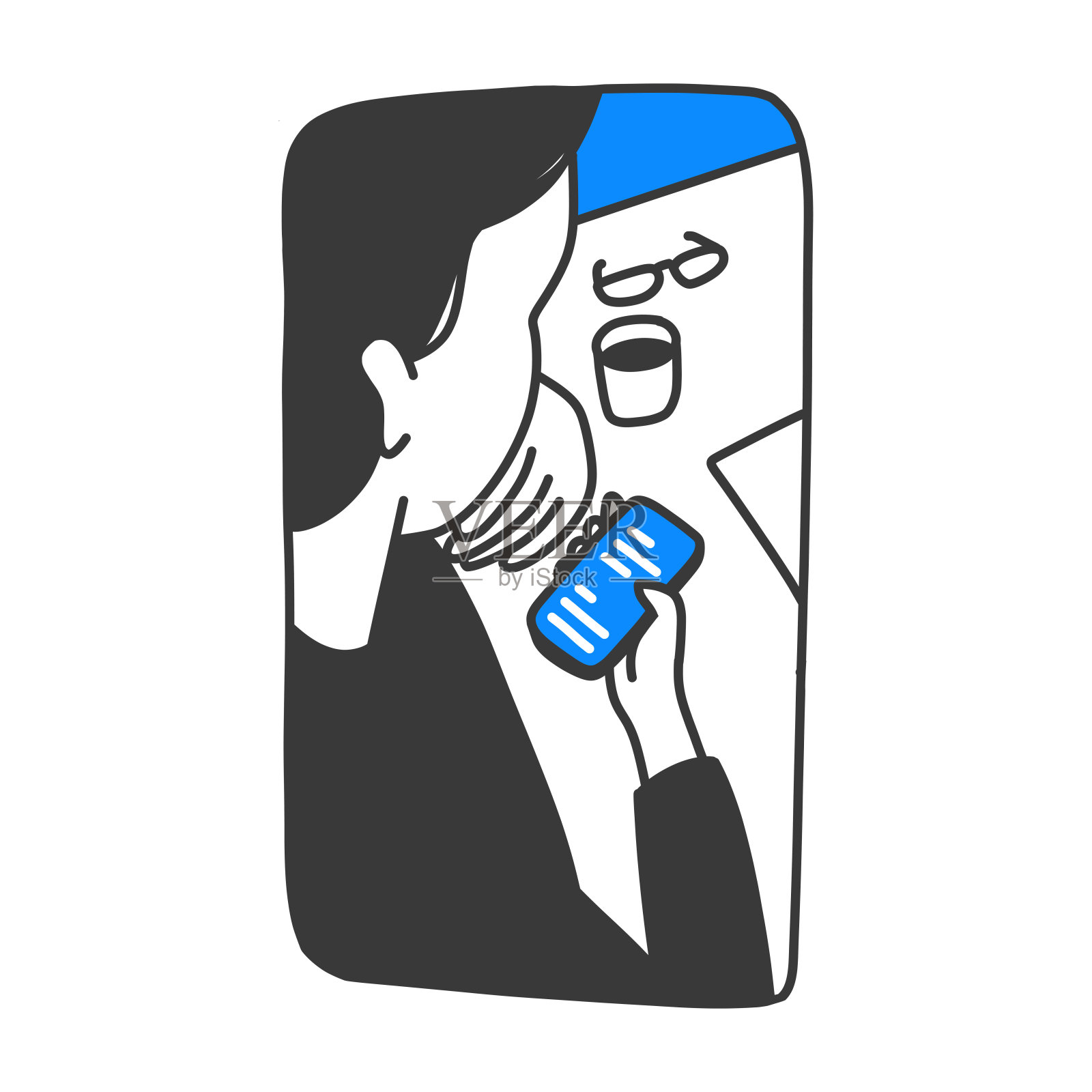 社交媒体的概念。男子使用带有社交媒体图标的手机。手绘涂鸦设计。插画图片素材