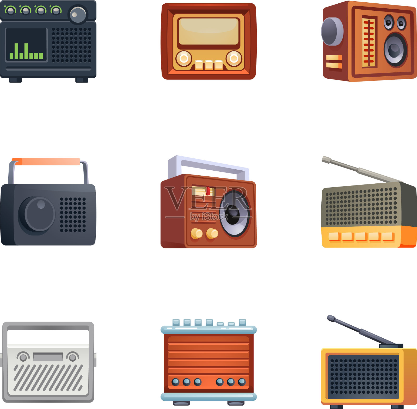 复古收音机图标设置卡通风格图标素材