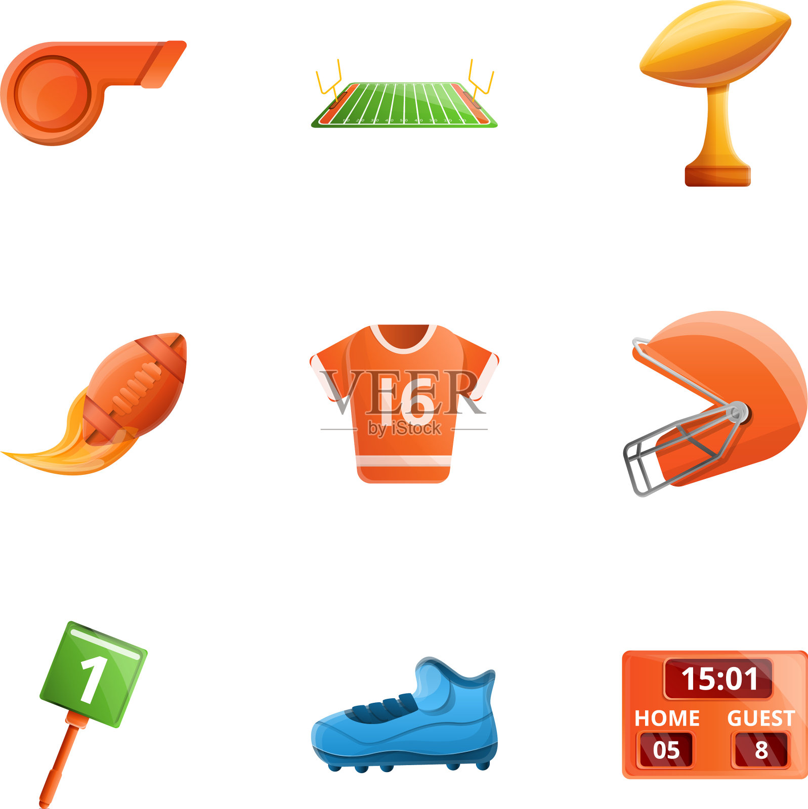 美式足球图标设置卡通风格图标素材