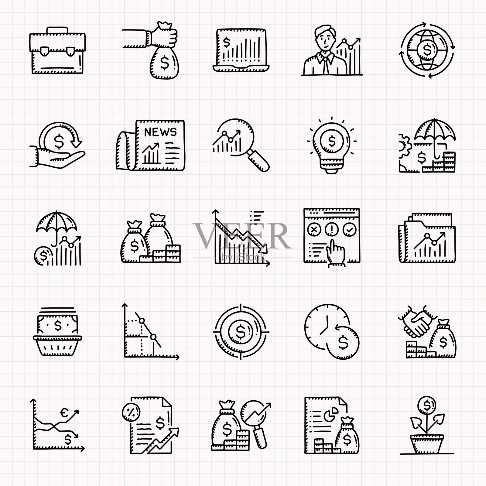 投资相关的手绘图标集，涂鸦风格矢量插图插画图片素材