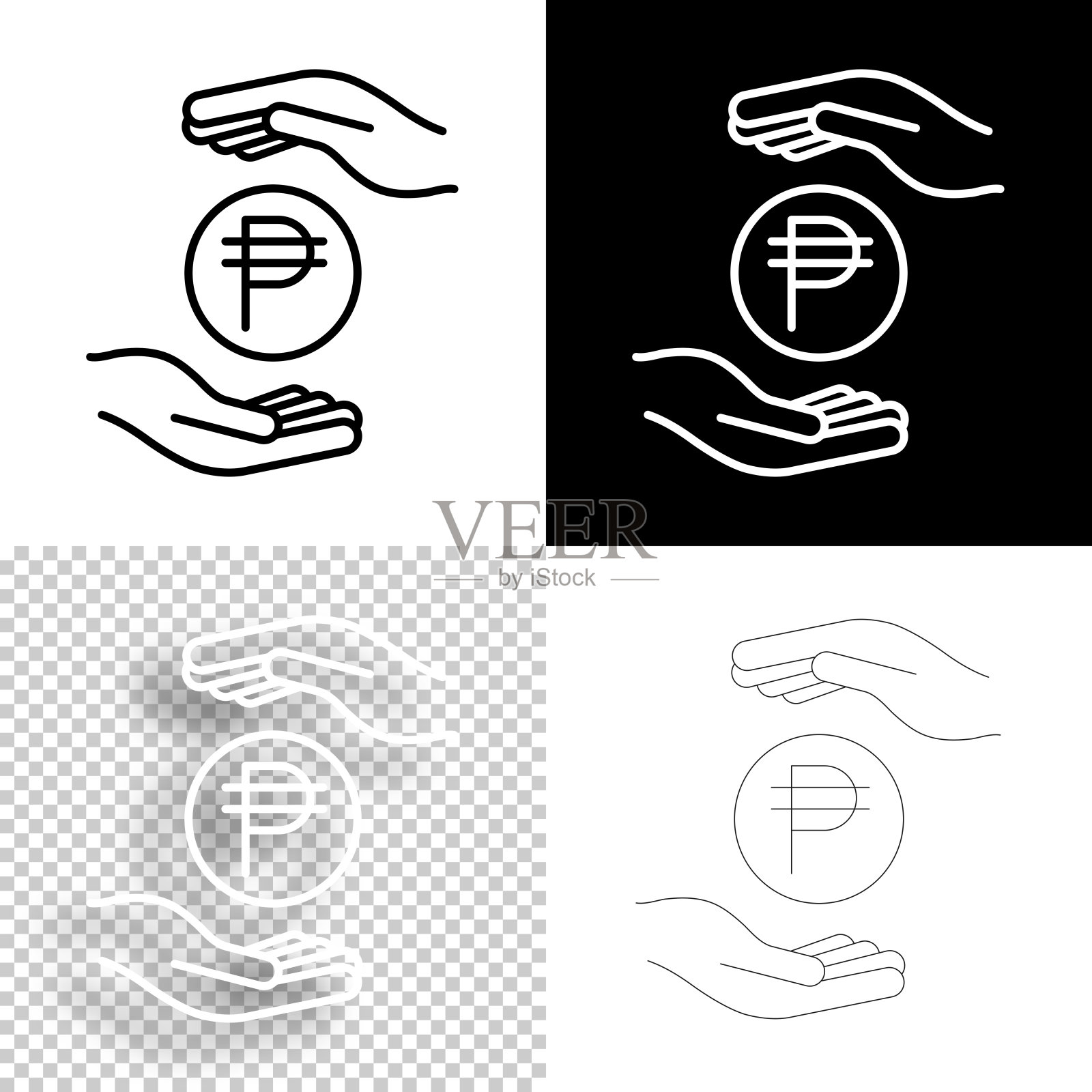 用手夹着比索硬币。图标设计。空白，白色和黑色背景-线图标插画图片素材