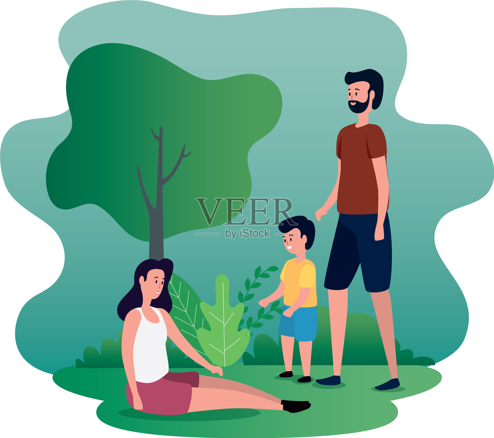 一对夫妇带着小儿子在公园里设计元素图片