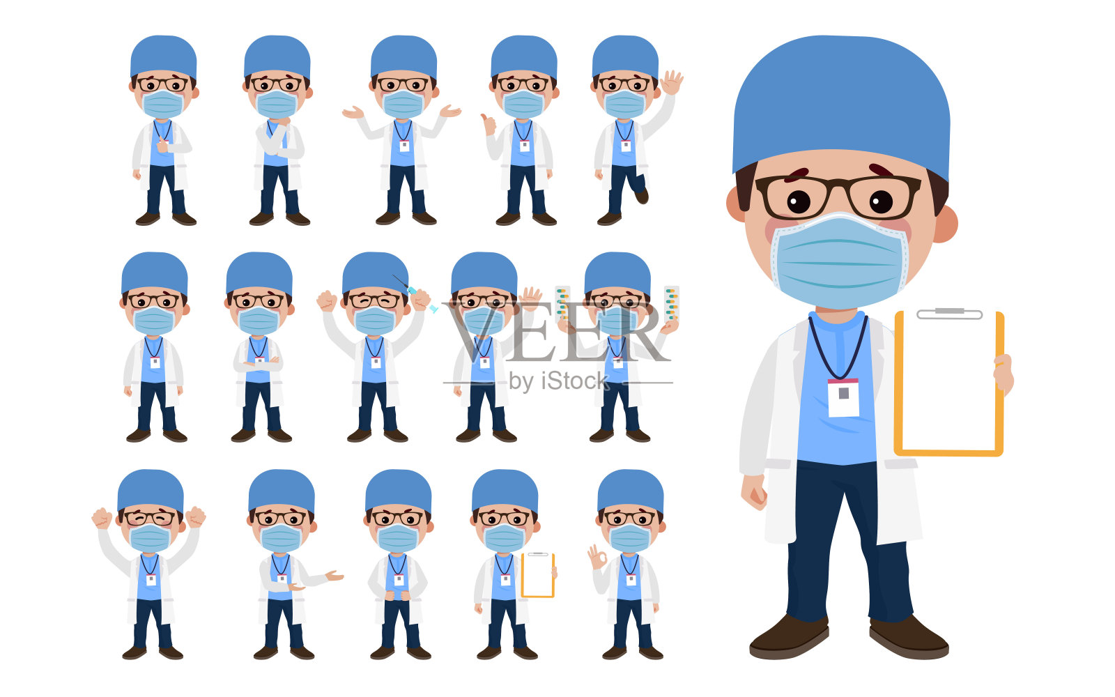 不同姿势的医生。向量,插画图片素材
