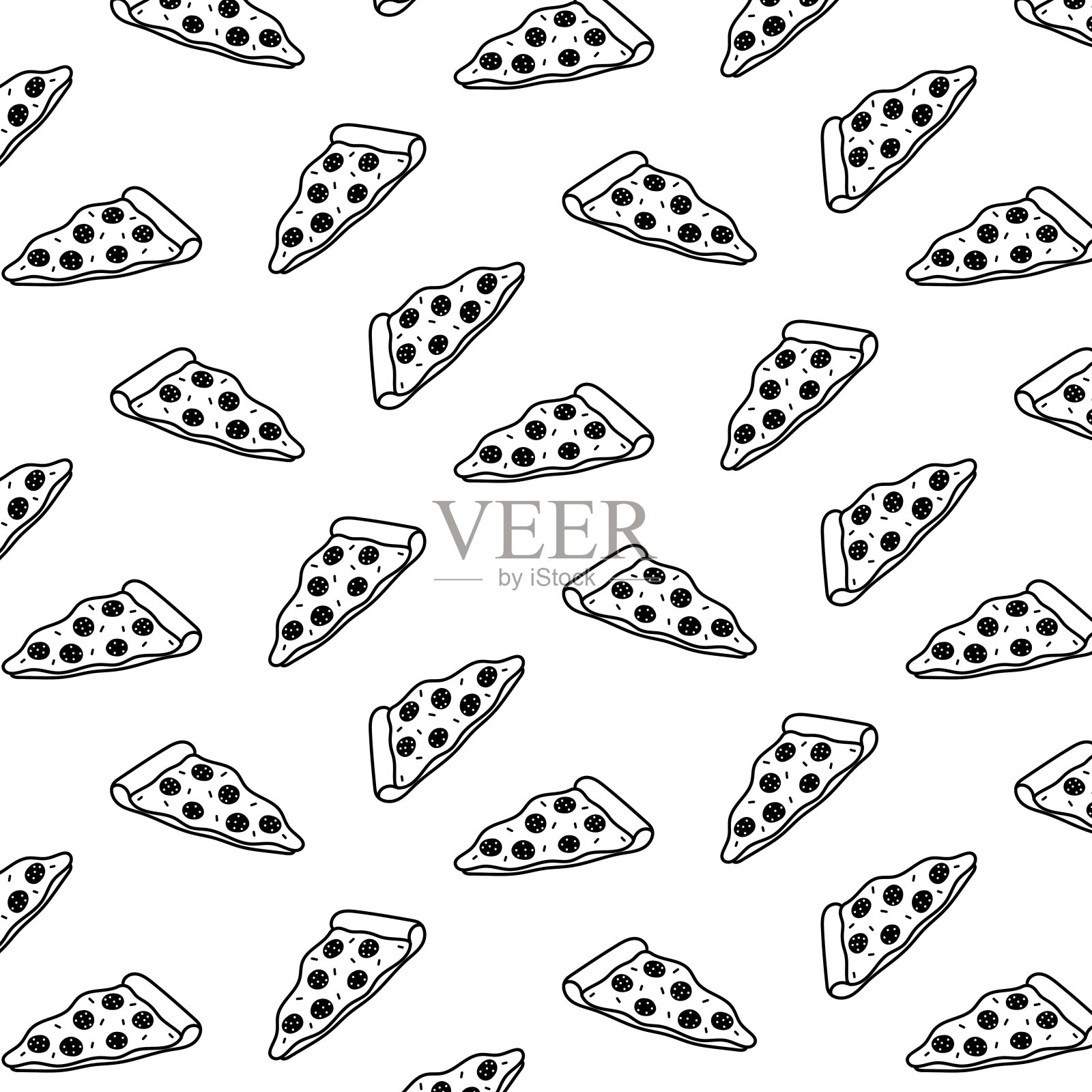 手绘矢量插图的披萨图案。黑色和白色。卡通风格。插画图片素材