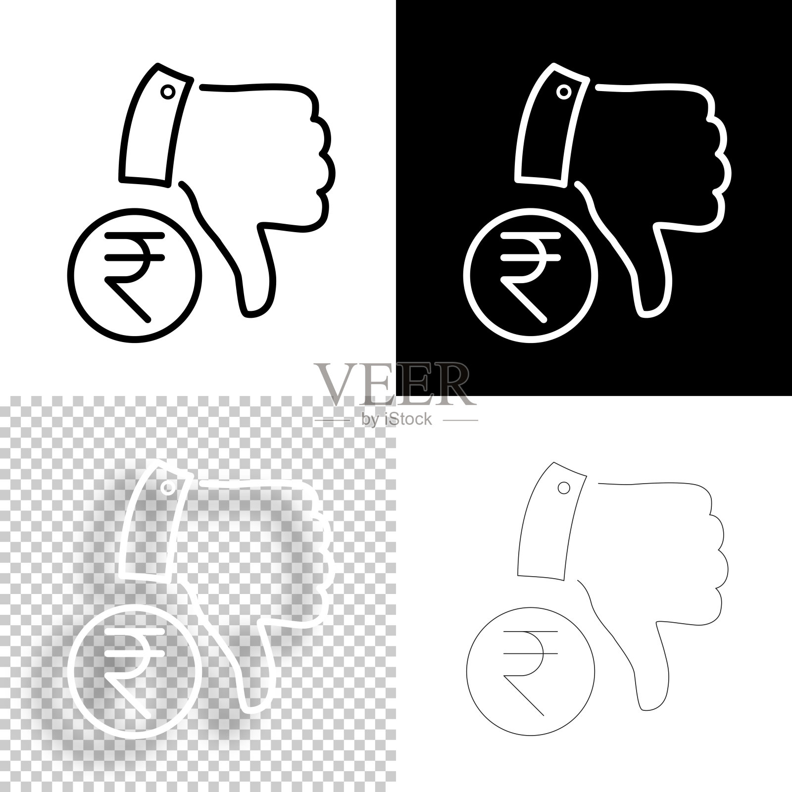 拇指朝下的印度卢比硬币。图标设计。空白，白色和黑色背景-线图标插画图片素材