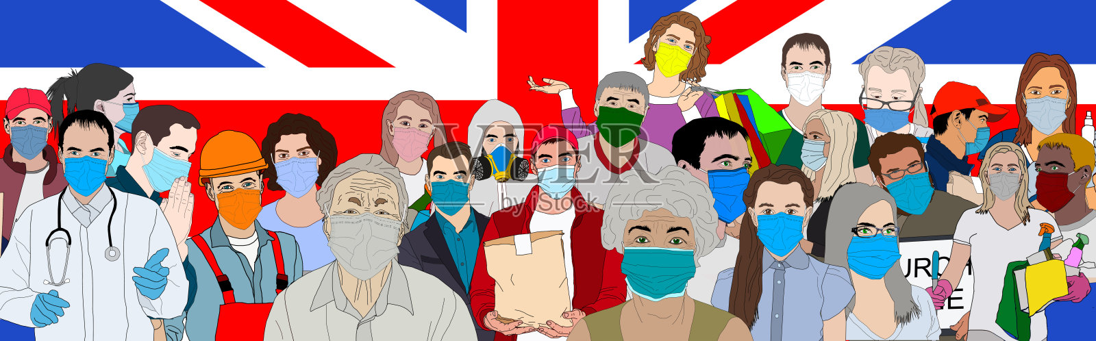 英国国旗背景上的人们插画图片素材