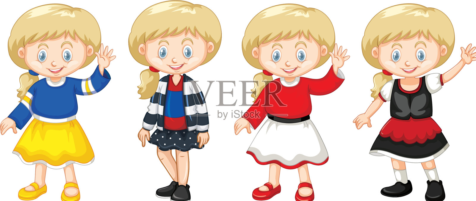 穿着不同服装的快乐女孩插画图片素材