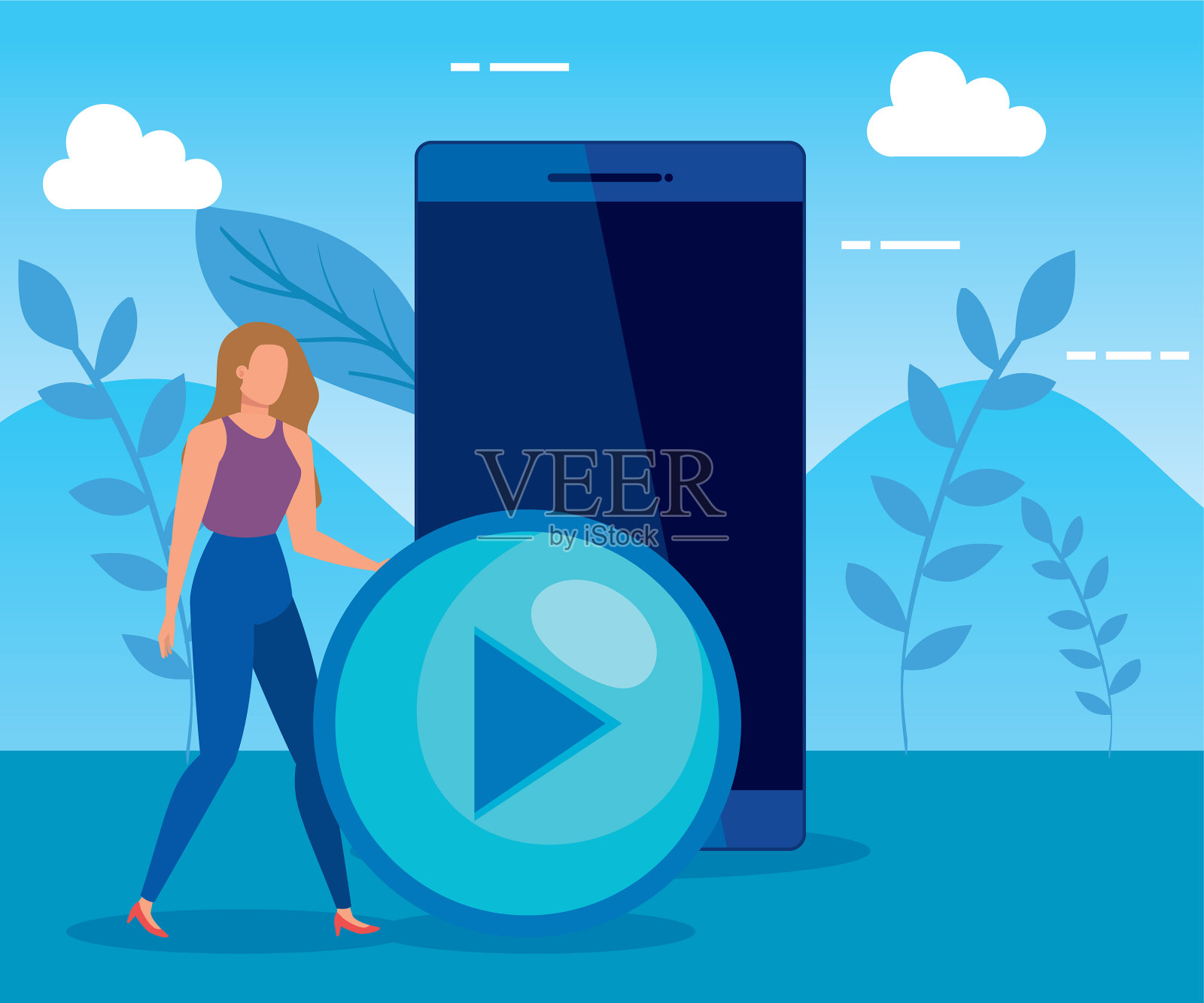 女人玩视频和智能手机技术插画图片素材