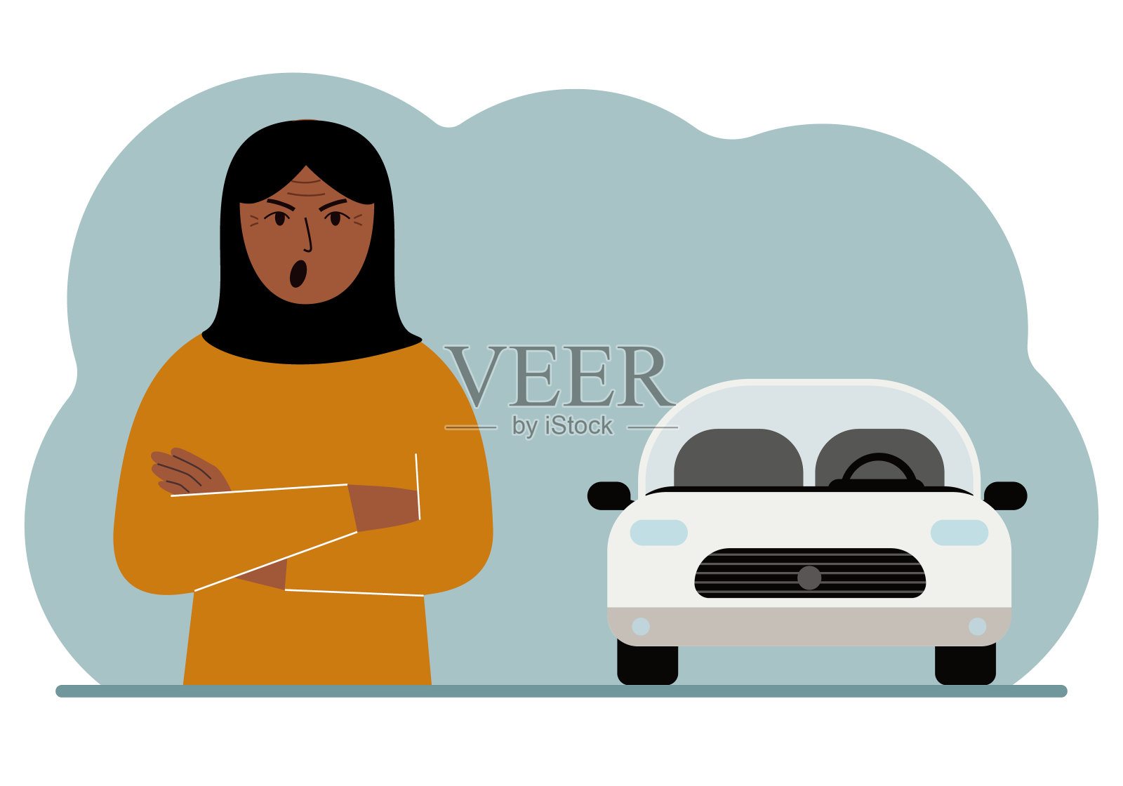 愤怒的穆斯林女人站在一辆漂亮的白色汽车旁。向量插画图片素材