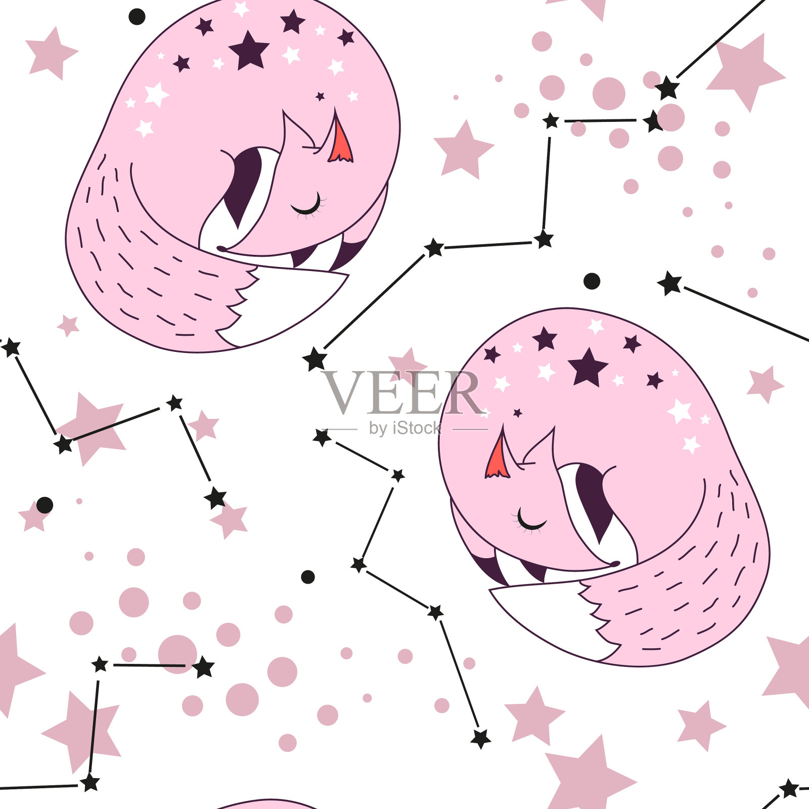 粉色手绘狐狸与星座无缝衔接插画图片素材